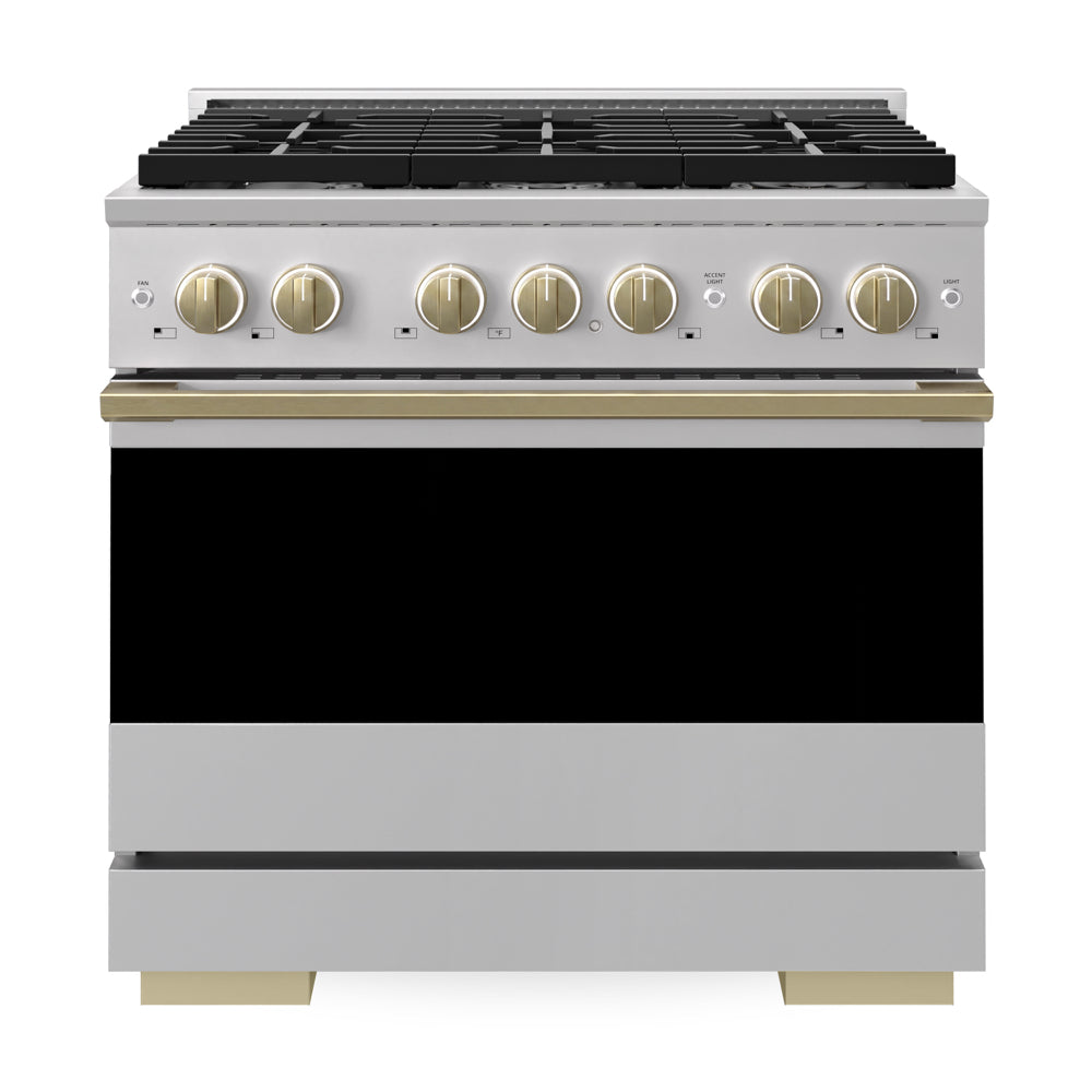 ZLINE Autograph Edition Marino 36-inch range in stainless steel and champagne bronze accents MGRZ-36-CB, front view