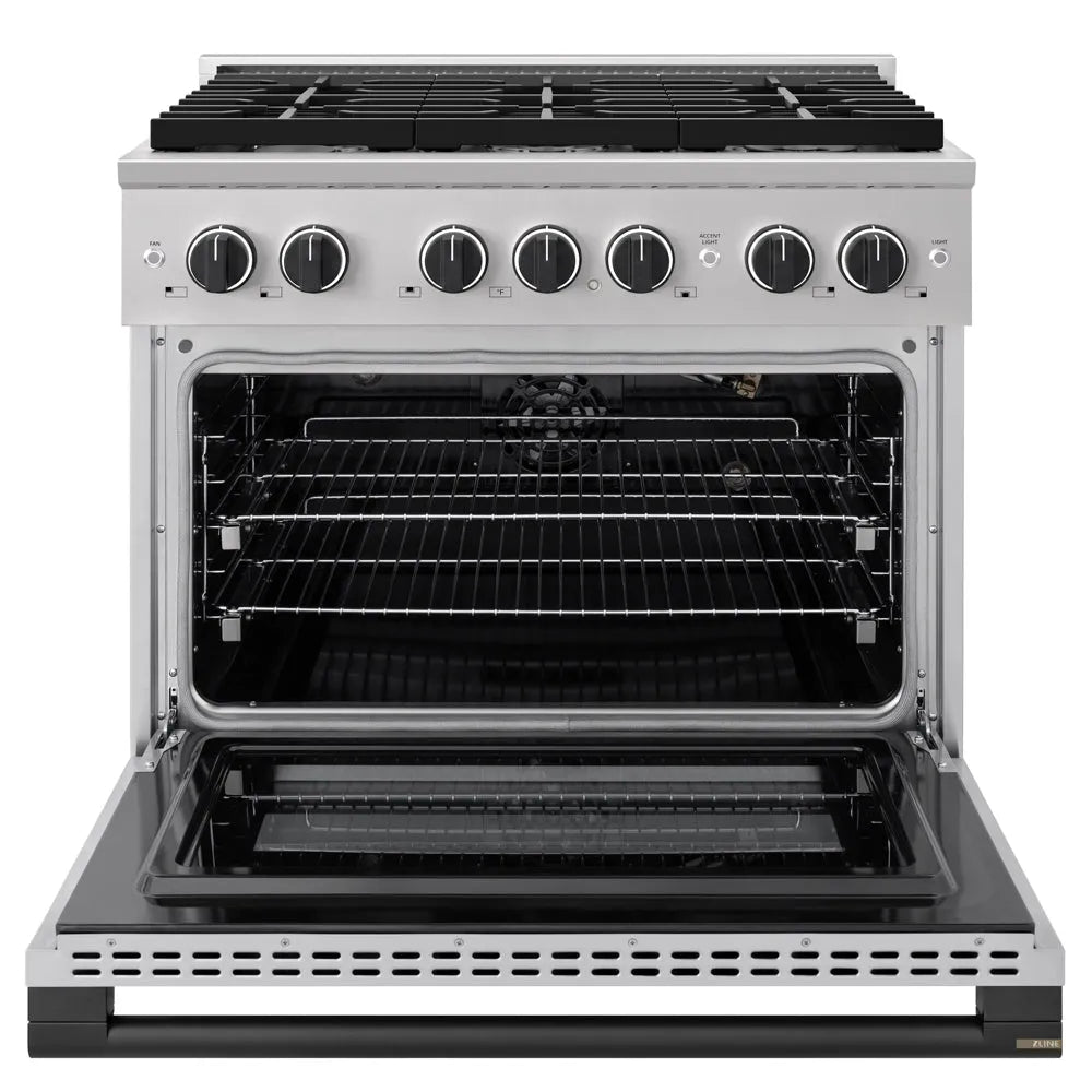 ZLINE Autograph Edition Marino 36-inch range in stainless steel and matte black accents MGRZ-36-MB, front view