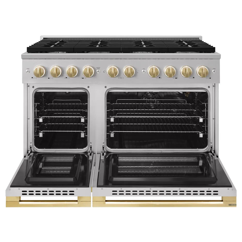 ZLINE Autograph Edition Marino 48-inch range in stainless steel and polished gold accents MGRZ-48-G, front view
