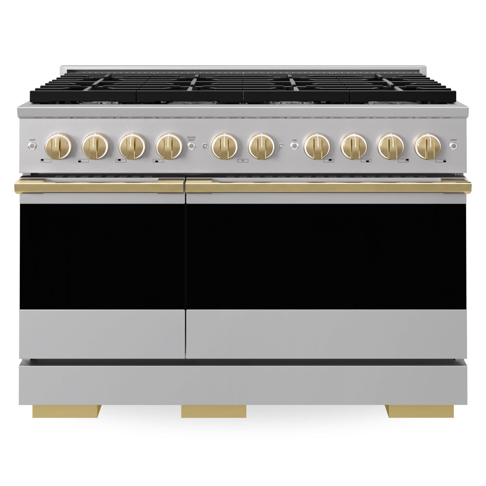 ZLINE Autograph Edition Marino 48-inch range in stainless steel and polished gold accents MGRZ-48-G, front view