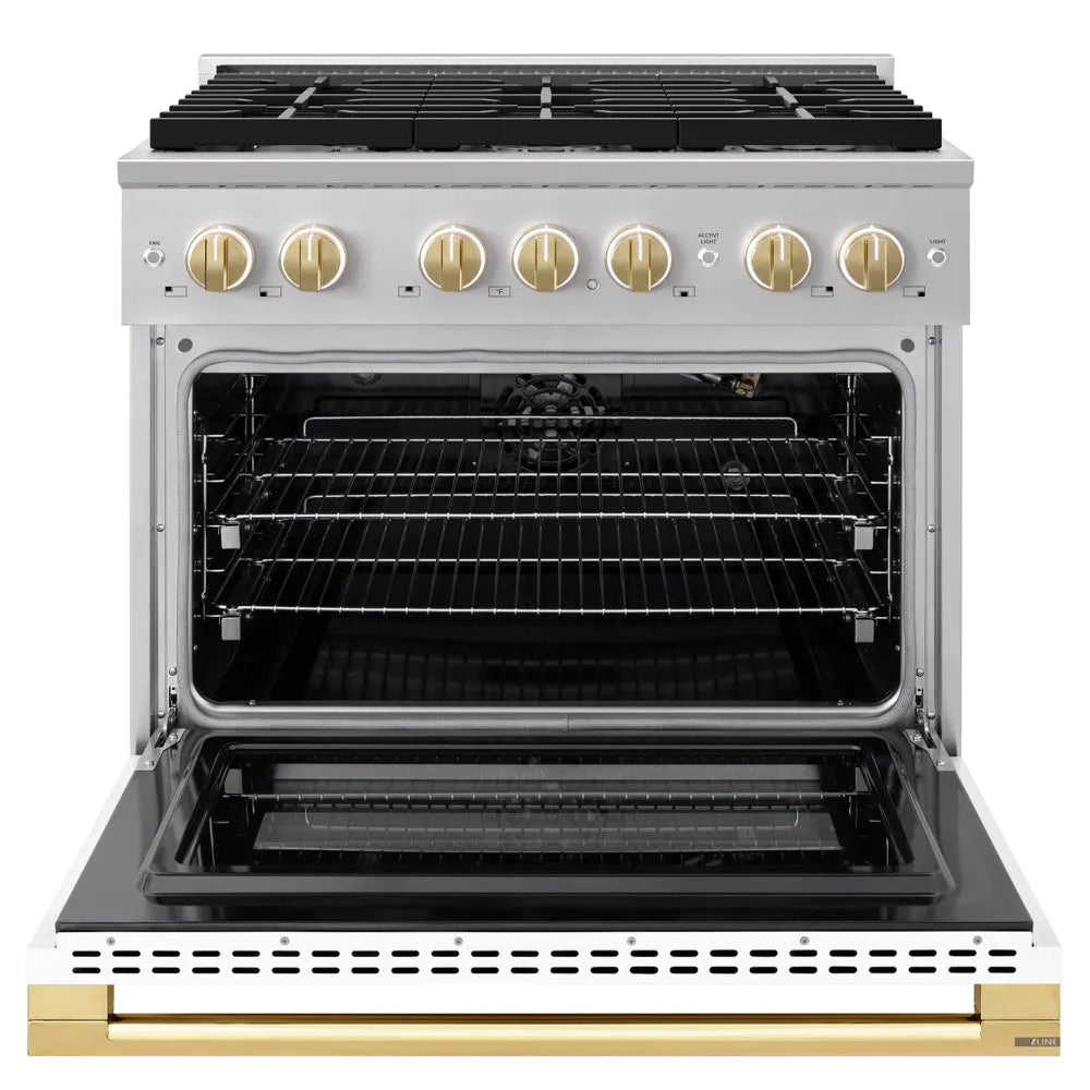 ZLINE Autograph Edition Marino 36-inch range in stainless steel with white matte door and polished gold accents MGRZ-WM-36-G, front view
