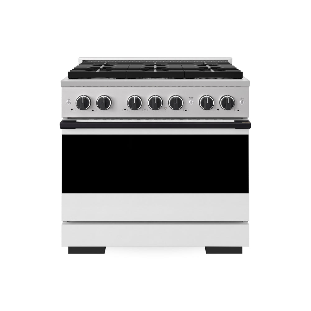 ZLINE Autograph Edition Marino 36-inch range in stainless steel with white matte door and matte black accents MGRZ-WM-36-MB