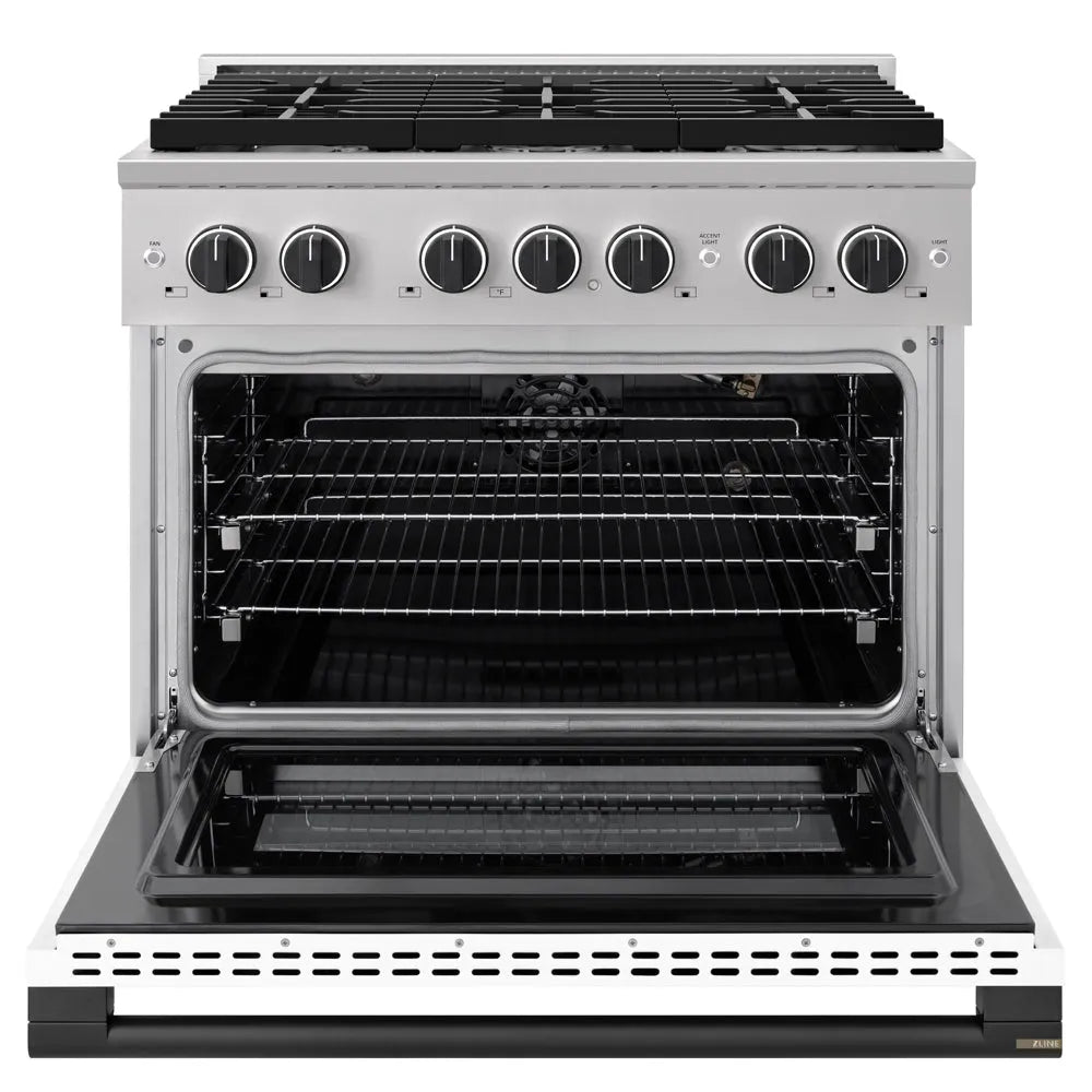 ZLINE Autograph Edition Marino 36-inch range in stainless steel with white matte door and matte black accents MGRZ-WM-36-MB, front view