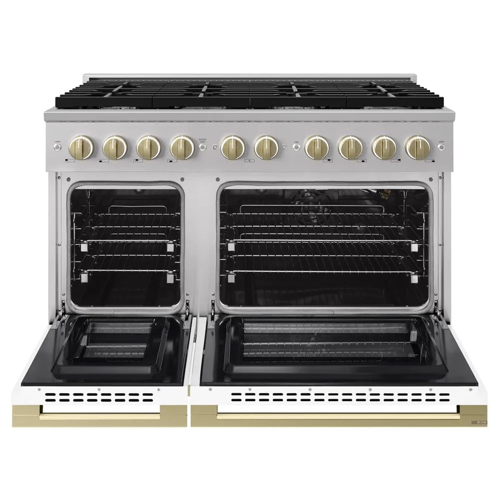 ZLINE Autograph Edition Marino 48-inch range in stainless steel with white matte door and champagne bronze accents MGRZ-WM-48-CB, front view