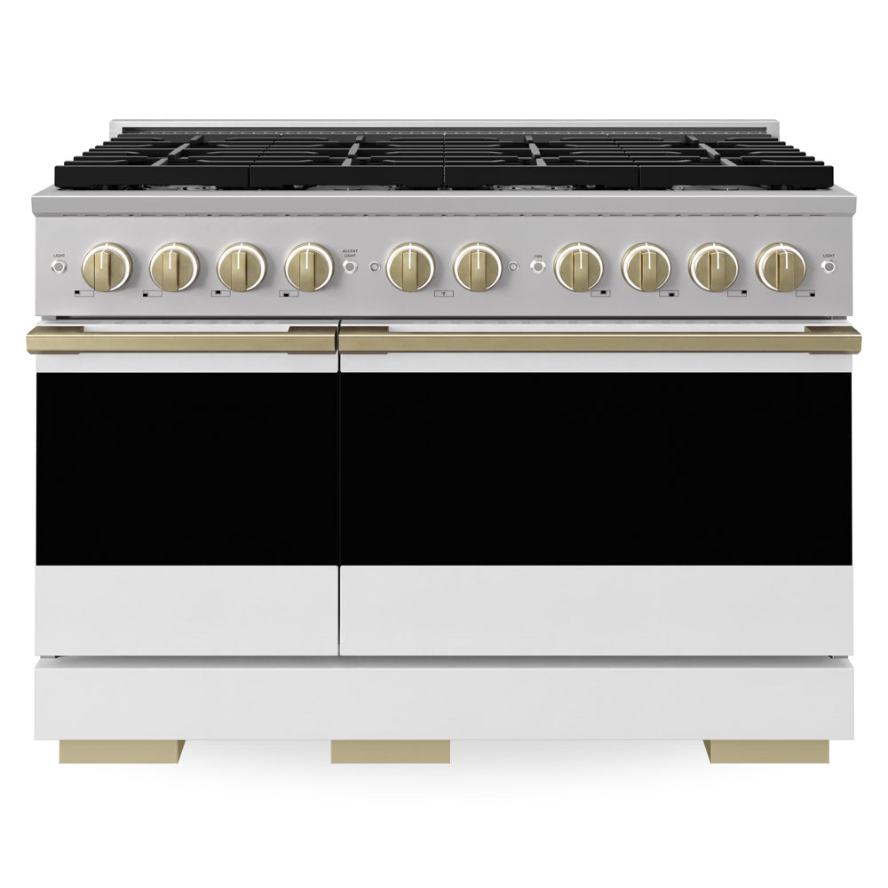ZLINE Autograph Edition Marino 48-inch range in stainless steel with white matte door and champagne bronze accents MGRZ-WM-48-CB, front view