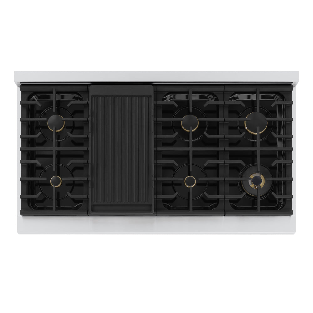 ZLINE Autograph Edition Marino 48-inch range in stainless steel with white matte door and champagne bronze accents MGRZ-WM-48-CB, from above