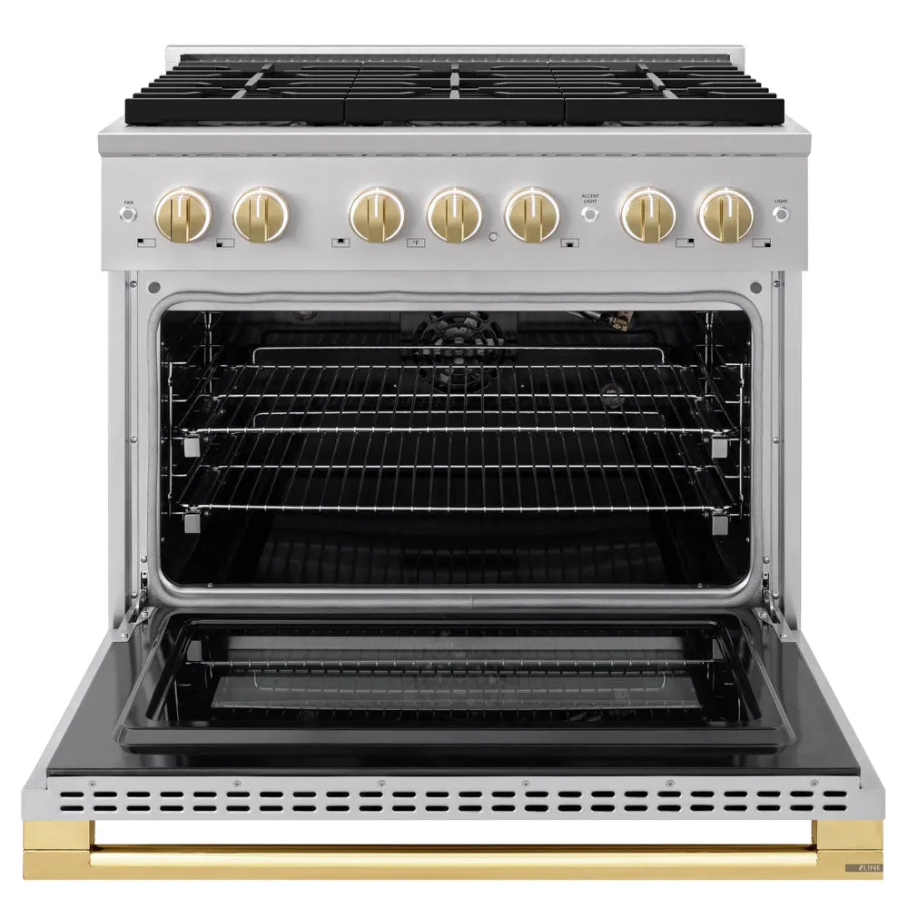 ZLINE Autograph Edition Marino 36-inch range in stainless steel and polished gold accents PMGRZ-36-G, front view