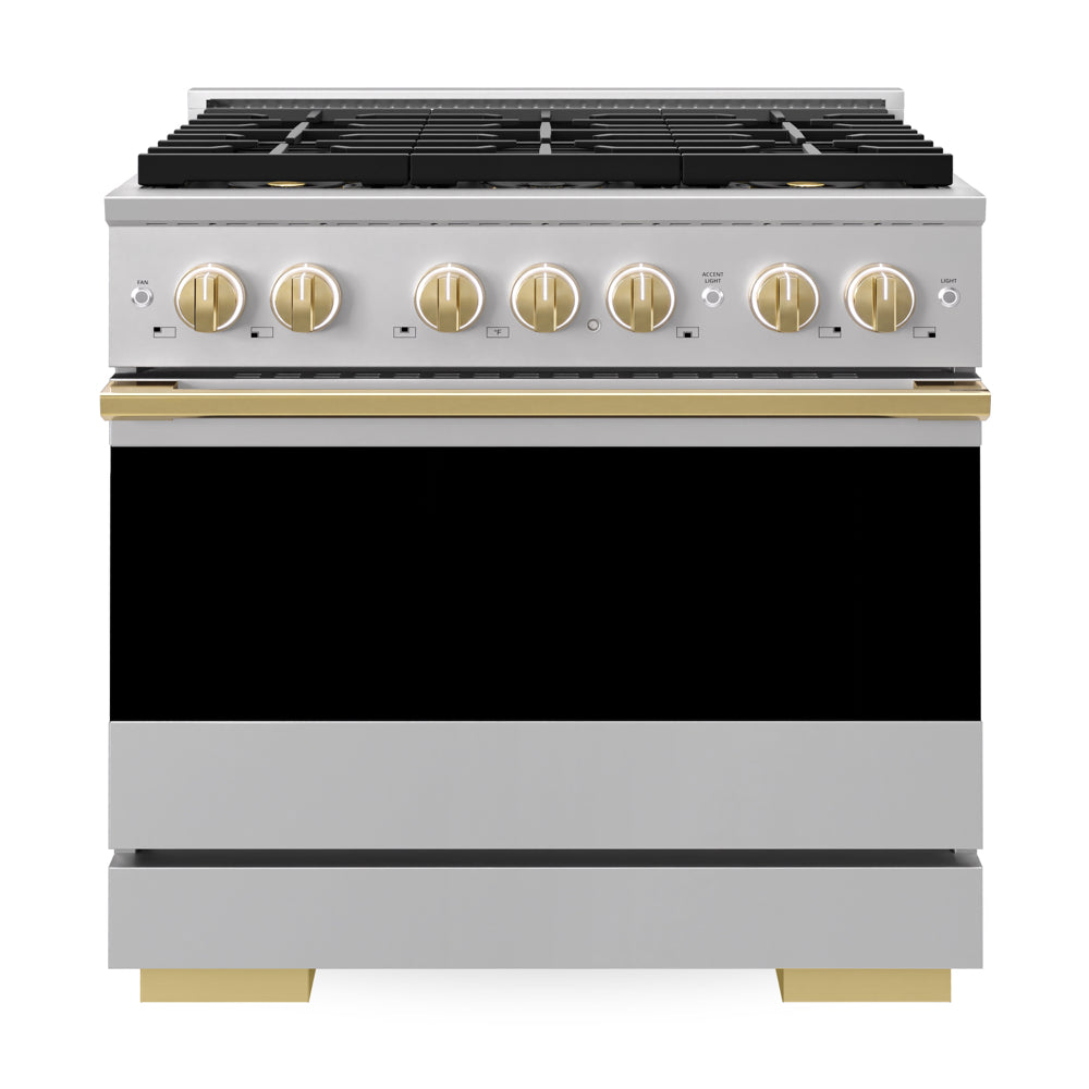 ZLINE Autograph Edition Marino 36-inch range in stainless steel and polished gold accents PMGRZ-36-G, front view