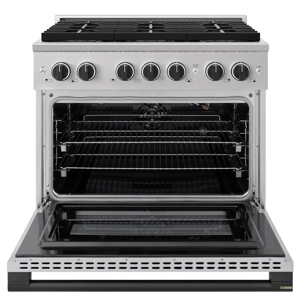 ZLINE Autograph Edition Marino 36-inch range in stainless steel and matte black accents PMGRZ-36-MB, front view