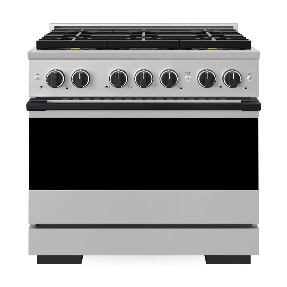 ZLINE Autograph Edition Marino 36-inch range in stainless steel and matte black accents PMGRZ-36-MB, front view