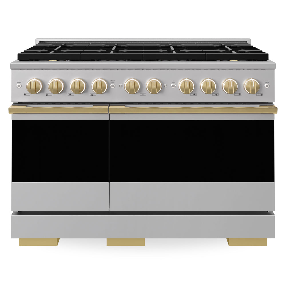 ZLINE Autograph Edition Marino 48-inch range in stainless steel and polished gold accents PMGRZ-48-G, front view