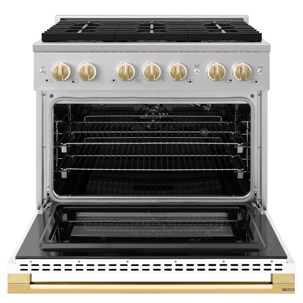 ZLINE Autograph Edition Marino 36-inch range in white matte and polished gold accents PMGRZ-WM-36-G, front view