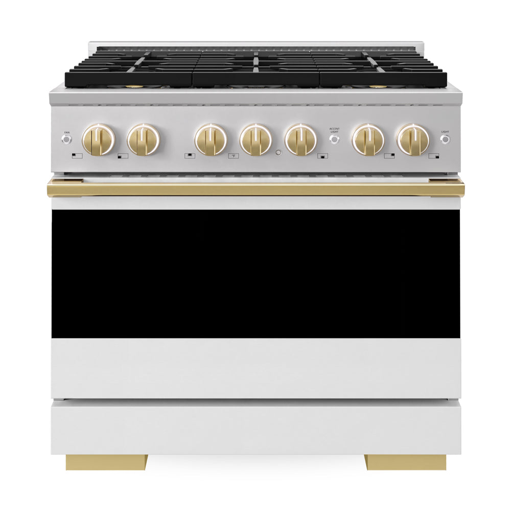 ZLINE Autograph Edition Marino 36-inch range in white matte and polished gold accents PMGRZ-WM-36-G, front view
