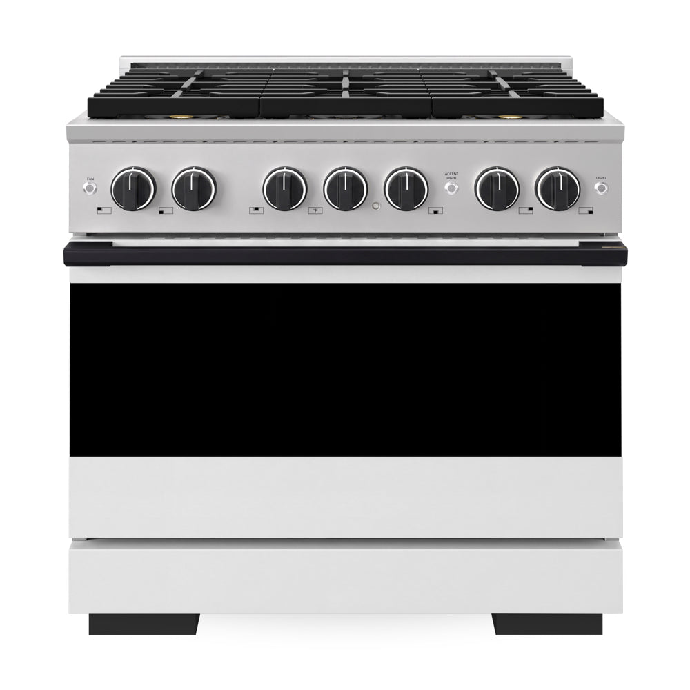 ZLINE Autograph Edition Marino 36-inch range in white matte and matte black accents PMGRZ-WM-36-MB, front view