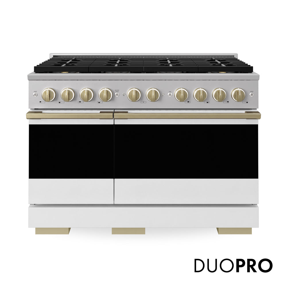 ZLINE Autograph Edition Marino 48-inch range in white matte and champagne bronze accents PMGRZ-WM-48-CB