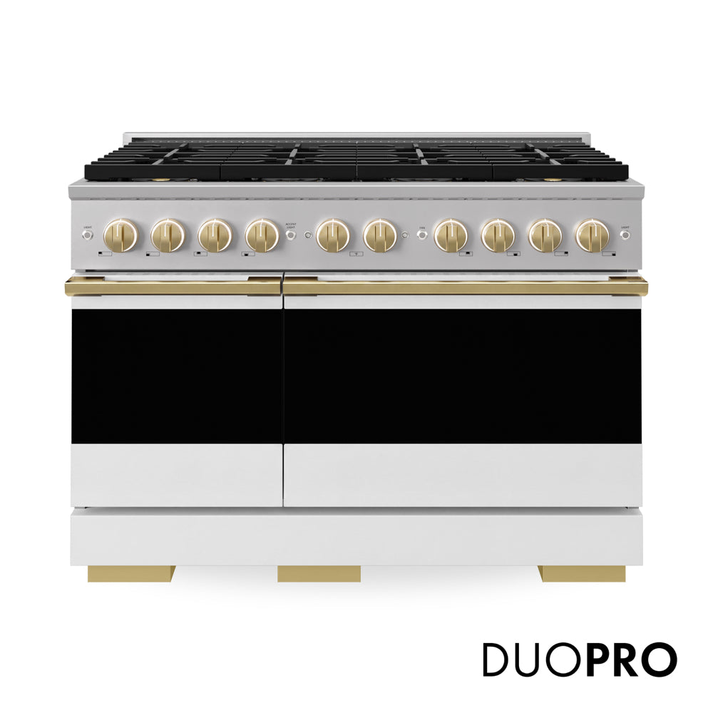 ZLINE Autograph Edition Marino 48-inch range in white matte and polished gold accents PMGRZ-WM-48-G