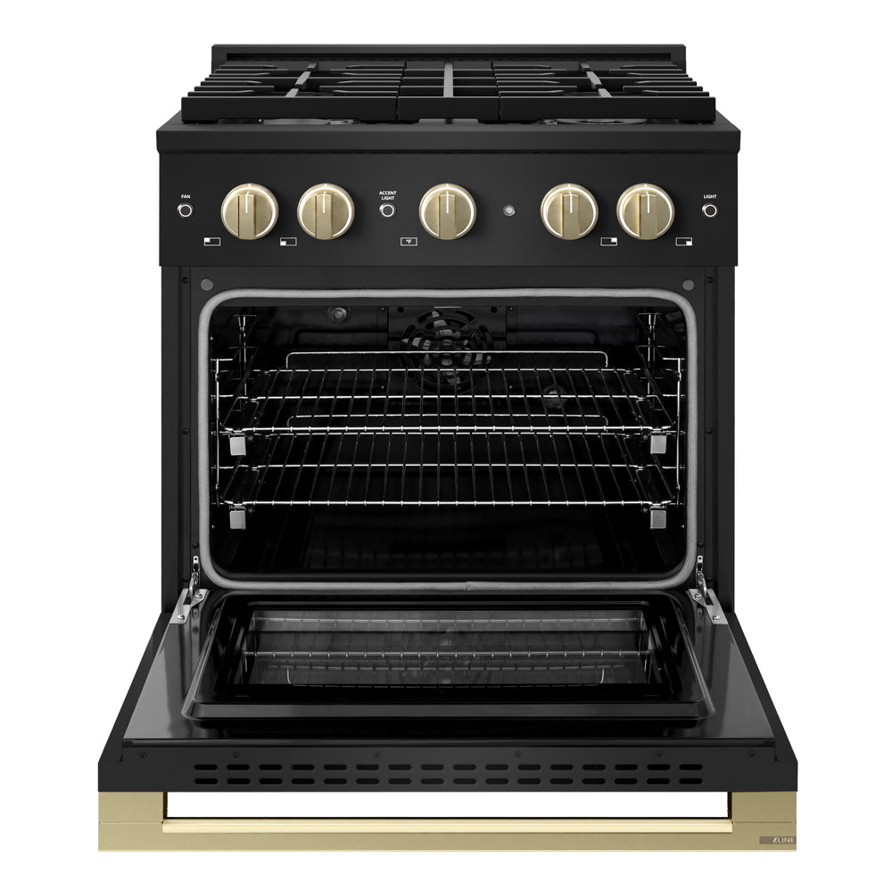 ZLINE Autograph Edition Marino 30-inch range in black stainless steel and champagne bronze accents MDRBZ-30-CB, front view