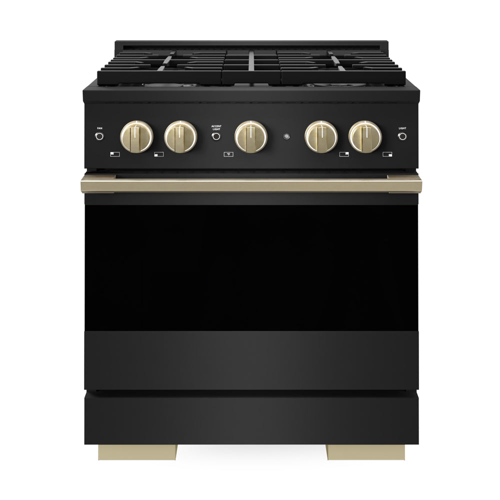 ZLINE Autograph Edition Marino 30-inch range in black stainless steel and champagne bronze accents MGRBZ-30-CB, front view