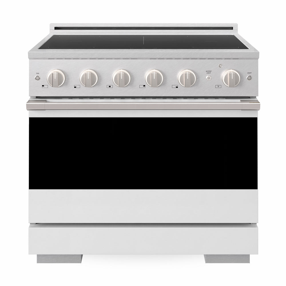 ZLINE Marino 36-inch range in satin stainless steel with white matte door MINRS-WM-36, front view