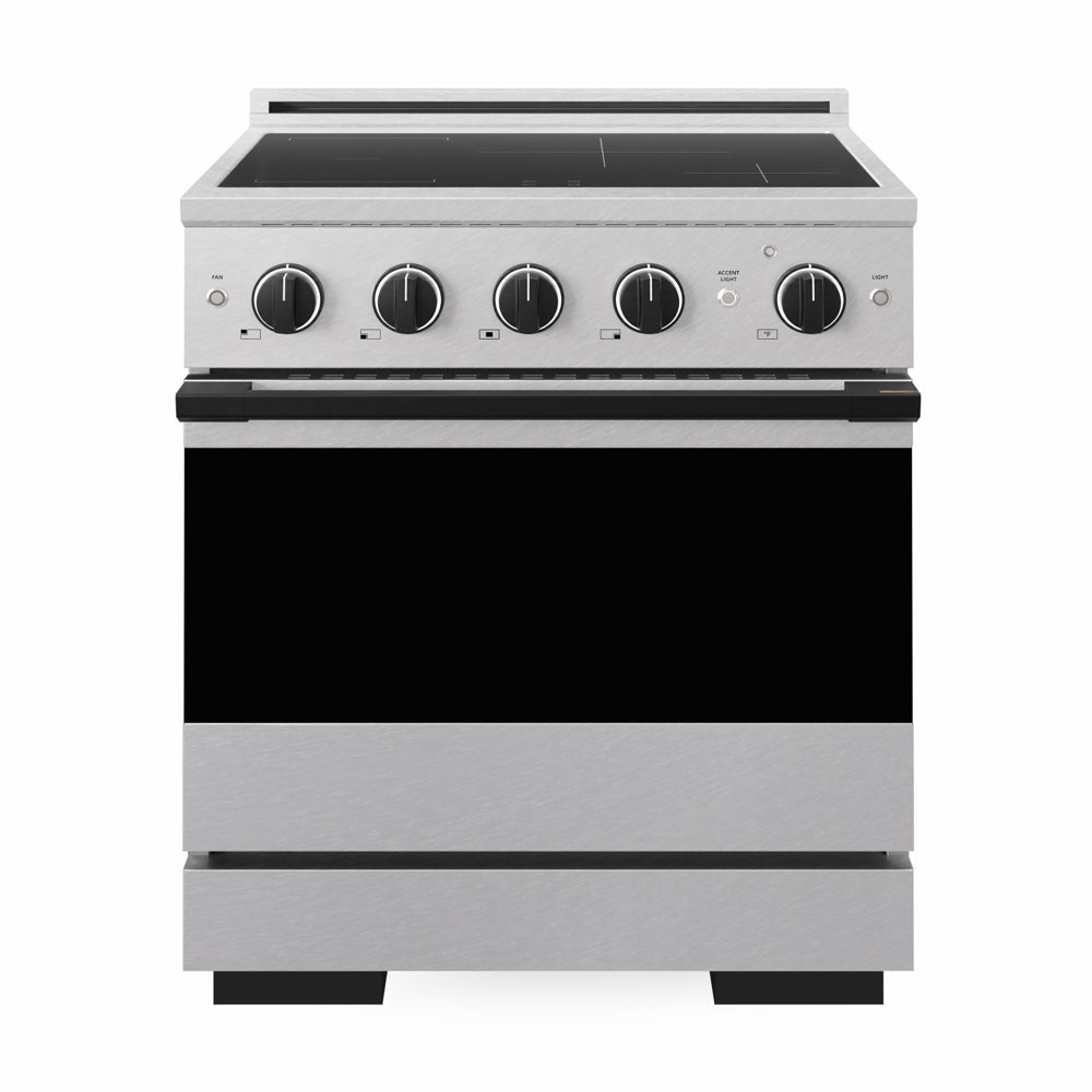 ZLINE Autograph Edition Marino 30-inch range in satin stainless steel and matte black accents MINRSZ-30-MB, front view