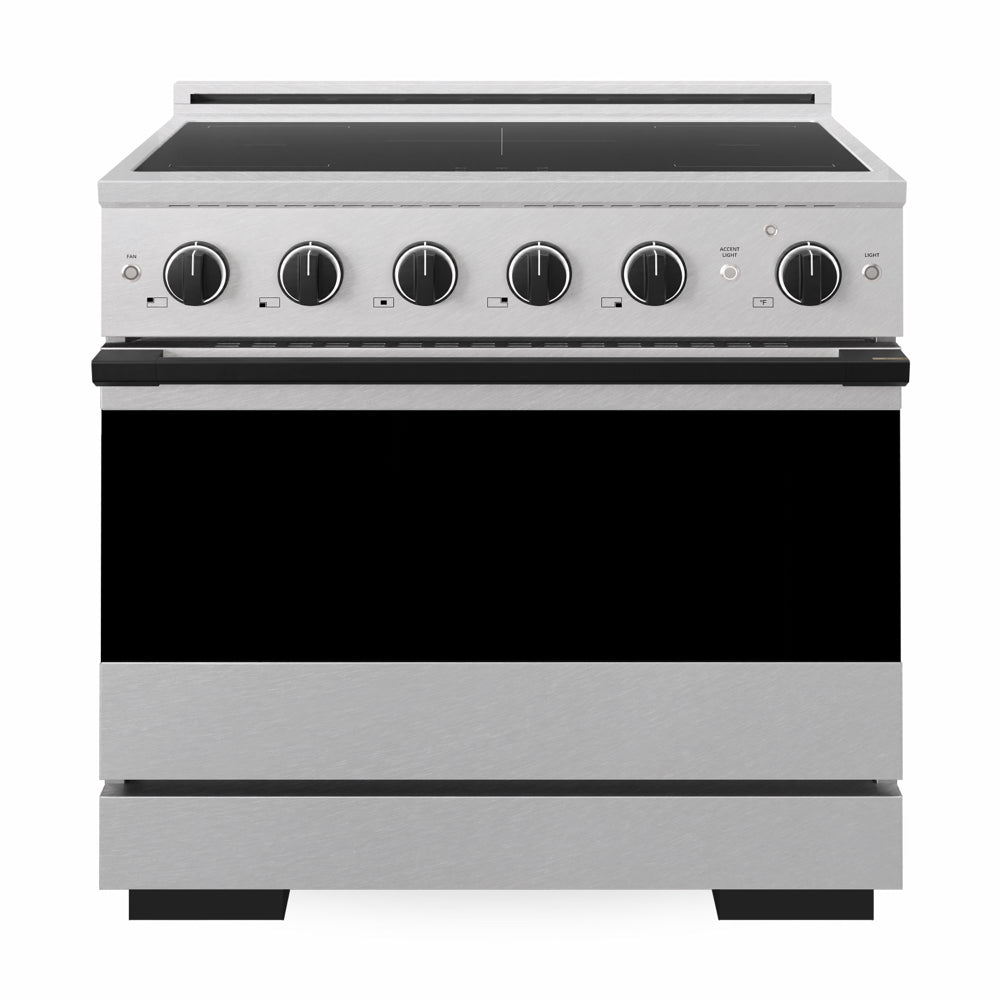ZLINE Autograph Edition Marino 36-inch range in satin stainless steel and matte black accents MINRSZ-36-MB, front view