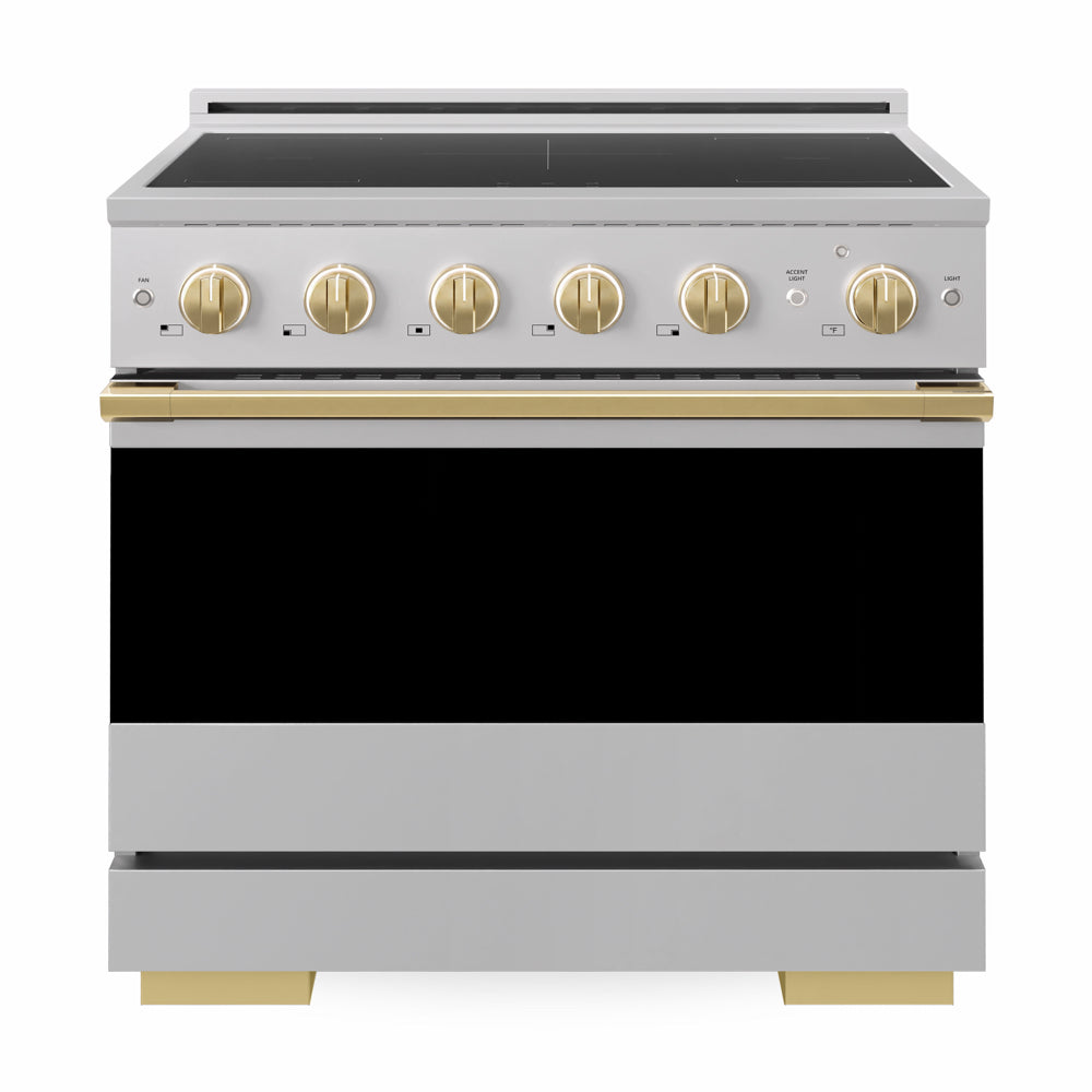 ZLINE Autograph Edition Marino 36-inch range in stainless steel and polished gold accents MINRZ-36-G, front view