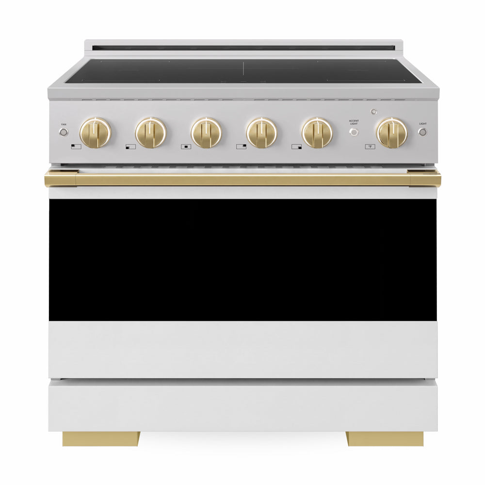ZLINE Autograph Edition Marino 36-inch range in stainless steel with white matte door and polished gold accents MINRZ-WM-36-G, front view