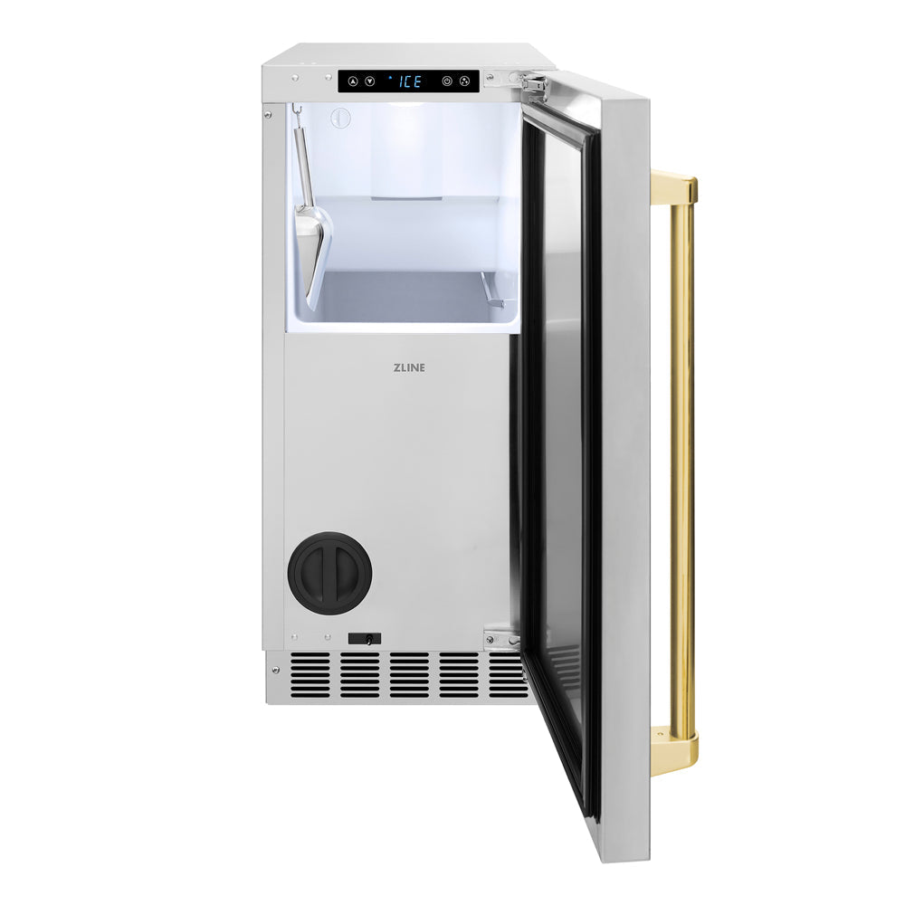 ZLINE Autograph Edition Touchstone 15-inch ice maker in stainless steel and polished gold accents INGDZ-ST-15-G, front view