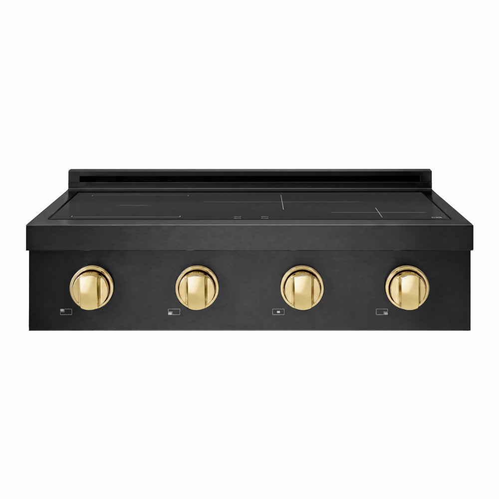 ZLINE Autograph Edition Paramount 30-inch rangetop in black stainless steel and polished gold accents SINRTBZ-30-G, front view