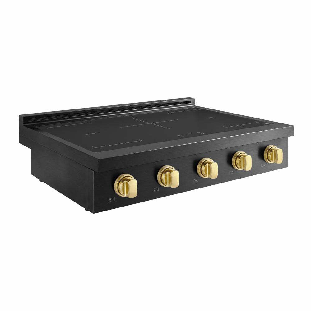 ZLINE Autograph Edition Paramount 36-inch rangetop in black stainless steel and polished gold accents SINRTBZ-36-G, from above
