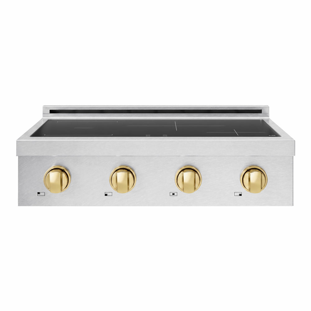 ZLINE Autograph Edition Paramount 30-inch rangetop in satin stainless steel and polished gold accents SINRTSZ-30-G, front view