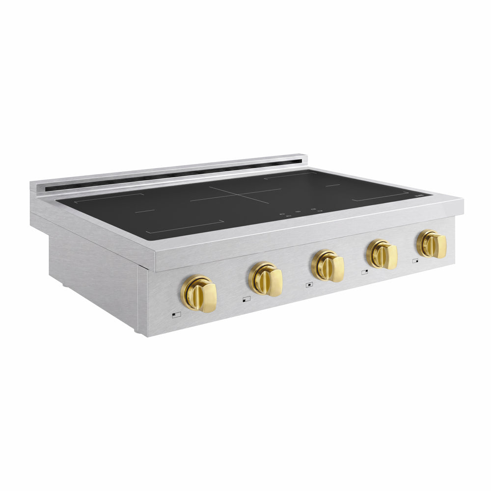 ZLINE Autograph Edition Paramount 36-inch rangetop in satin stainless steel and polished gold accents SINRTSZ-36-G, from above