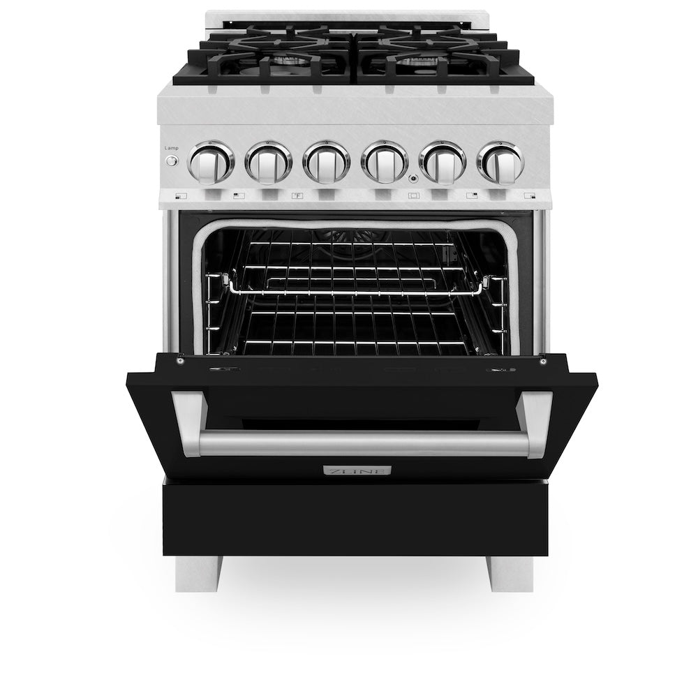 ZLINE Legacy 24-inch range in satin stainless steel with black matte door RAS-BLM-24, front view