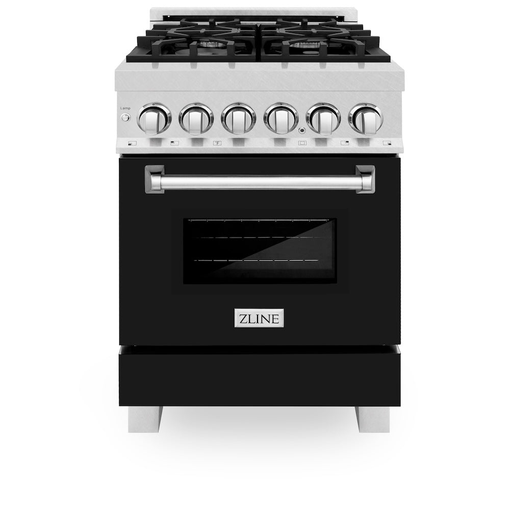 ZLINE Legacy 24-inch range in satin stainless steel with black matte door RAS-BLM-24, front view