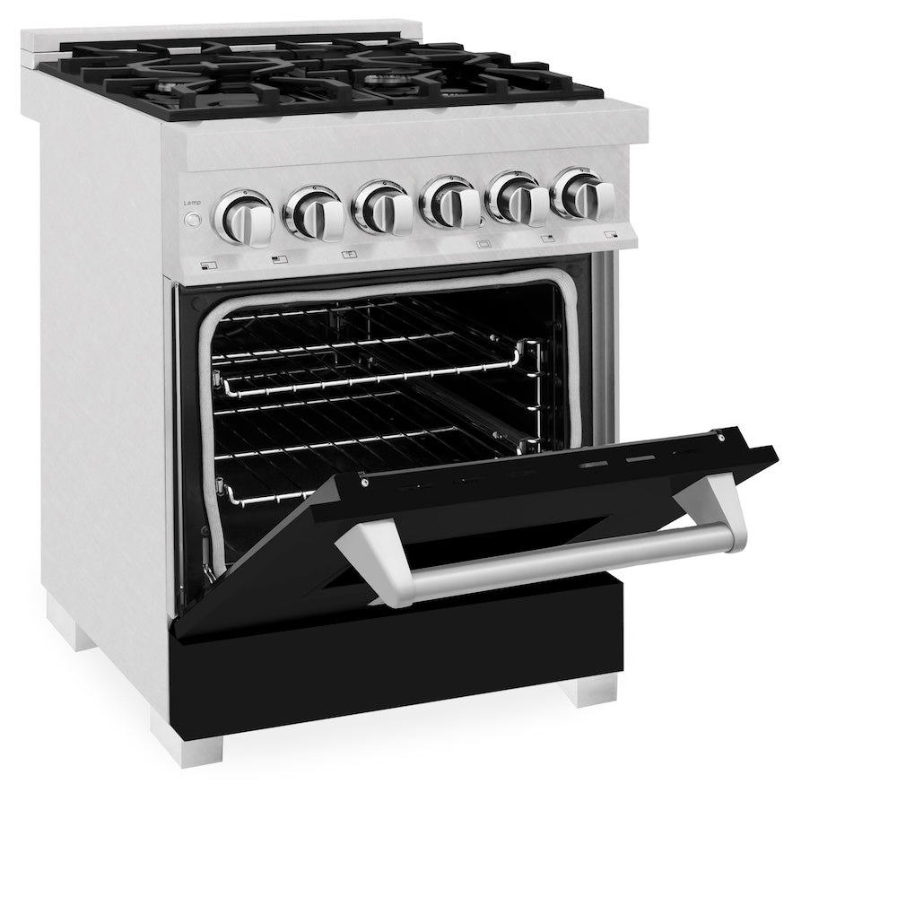 ZLINE Legacy 24-inch range in satin stainless steel with black matte door RAS-BLM-24, door open