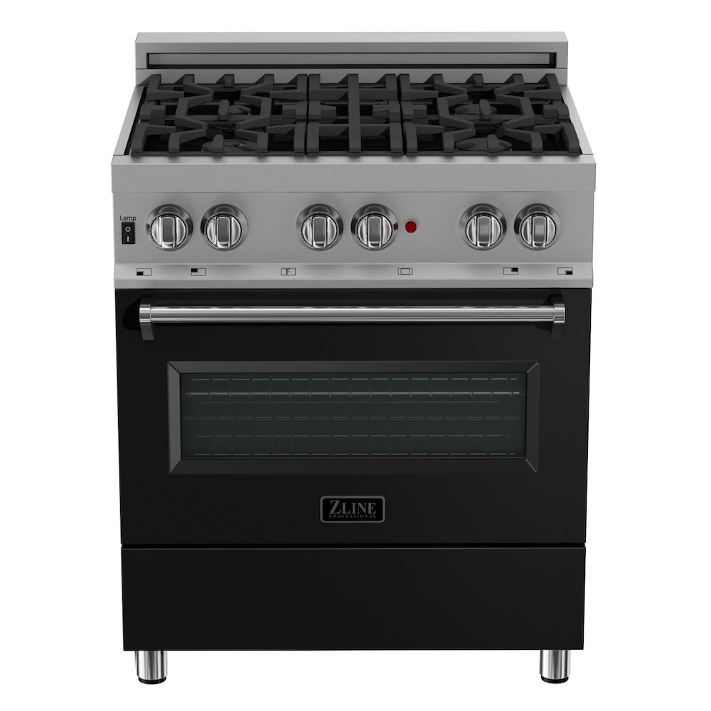 ZLINE Legacy 30-inch range in satin stainless steel with black matte door RAS-BLM-30, front view