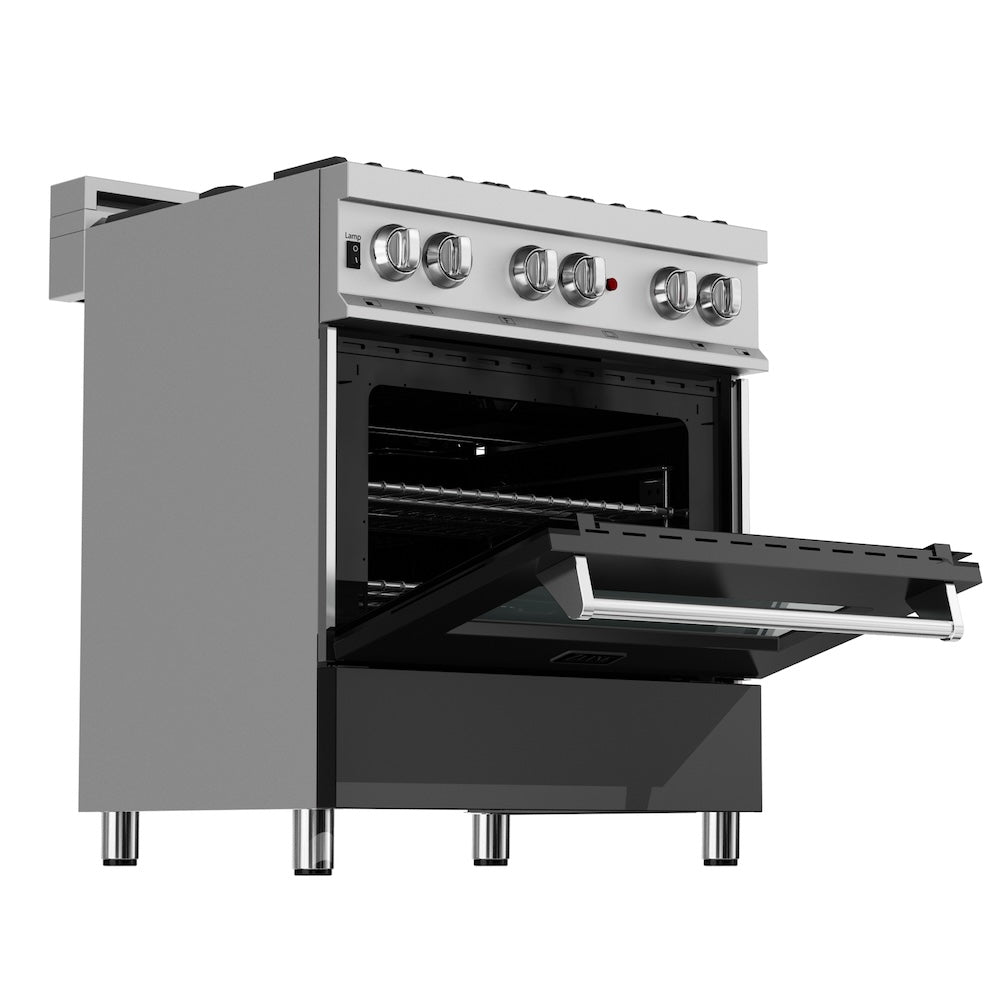 ZLINE Legacy 30-inch range in satin stainless steel with black matte door RAS-BLM-30, door open