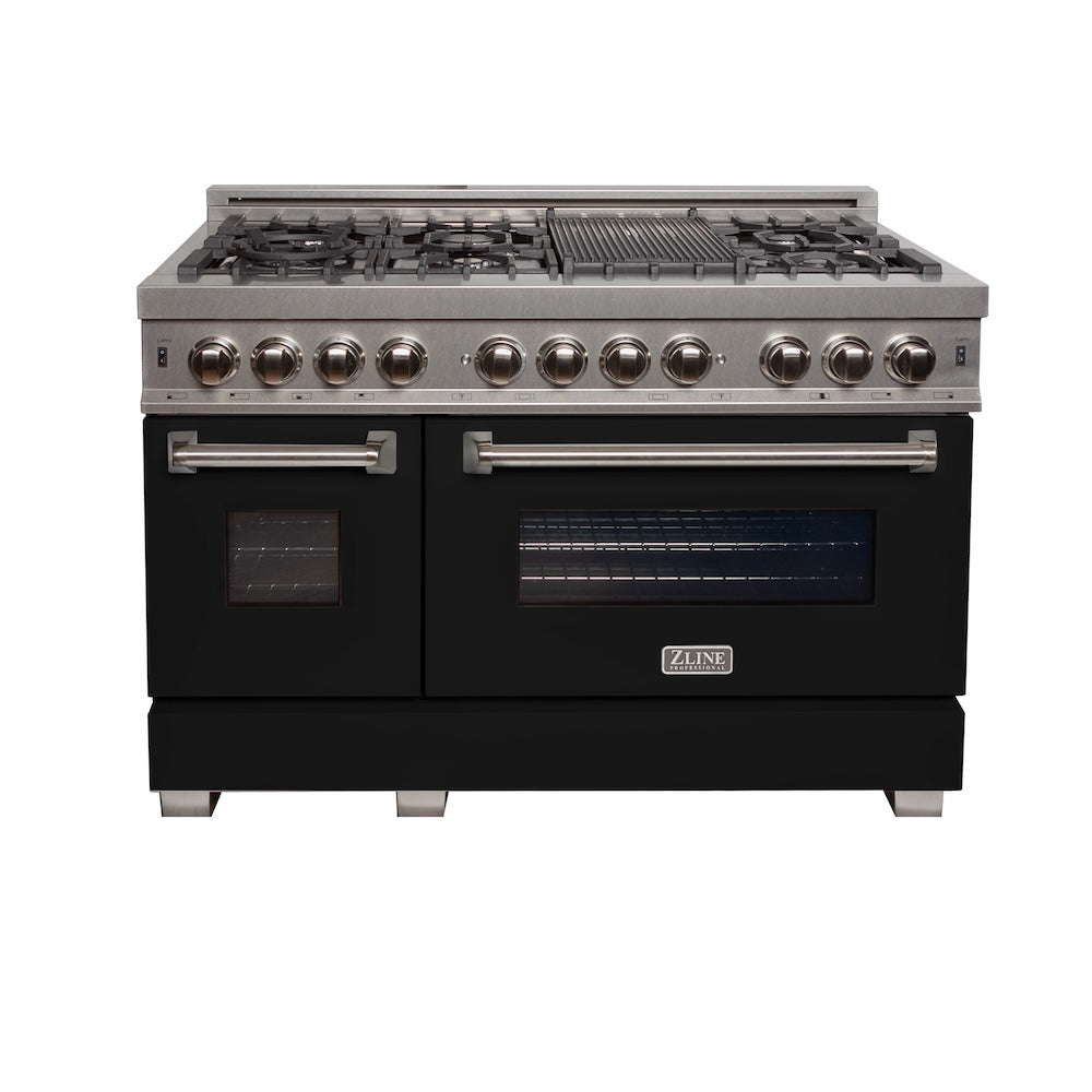 ZLINE Legacy 48-inch range in satin stainless steel with black matte door RAS-BLM-48, front view