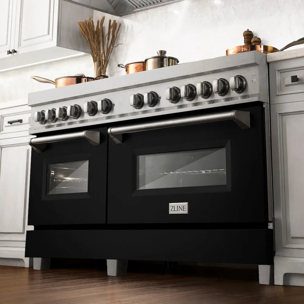 ZLINE Legacy 60-inch range in satin stainless steel with black matte door RAS-BLM-60, from above