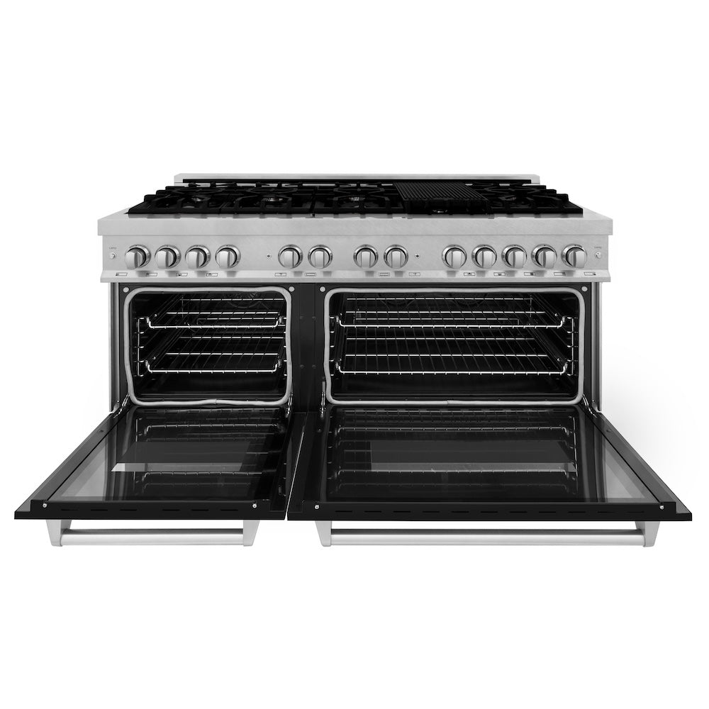 ZLINE Legacy 60-inch range in satin stainless steel with black matte door RAS-BLM-60, front view