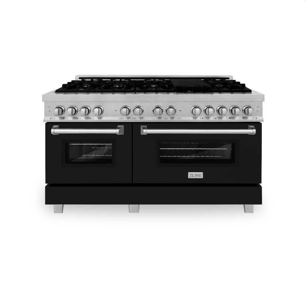 ZLINE Legacy 60-inch range in satin stainless steel with black matte door RAS-BLM-60, front view