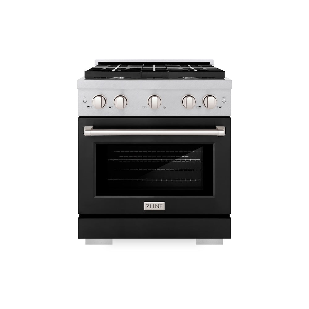 ZLINE Paramount 30-inch range in satin stainless steel with black matte door SDRS-BLM-30, front view