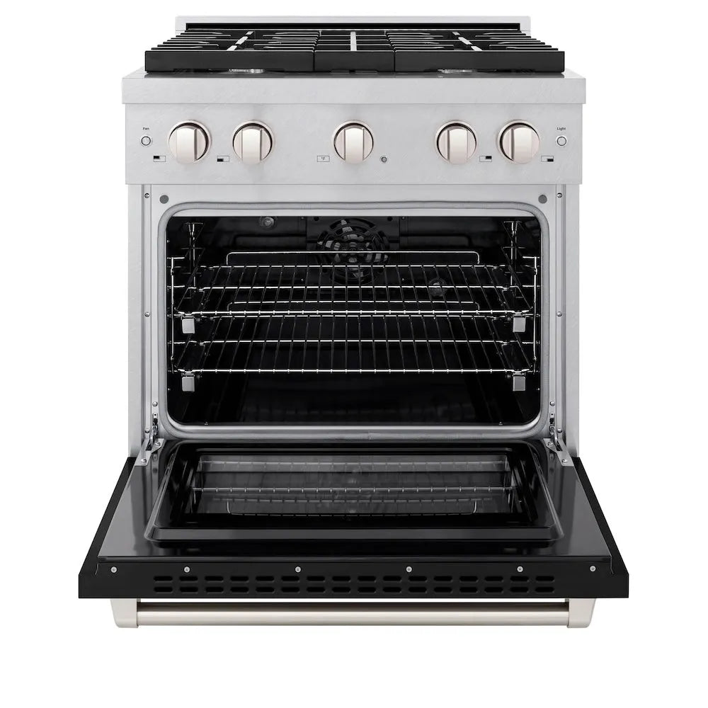 ZLINE Paramount 30-inch range in satin stainless steel with black matte door SDRS-BLM-30, front view