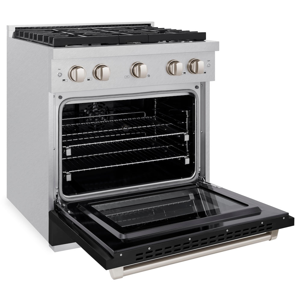 ZLINE Paramount 30-inch range in satin stainless steel with black matte door SDRS-BLM-30, door open