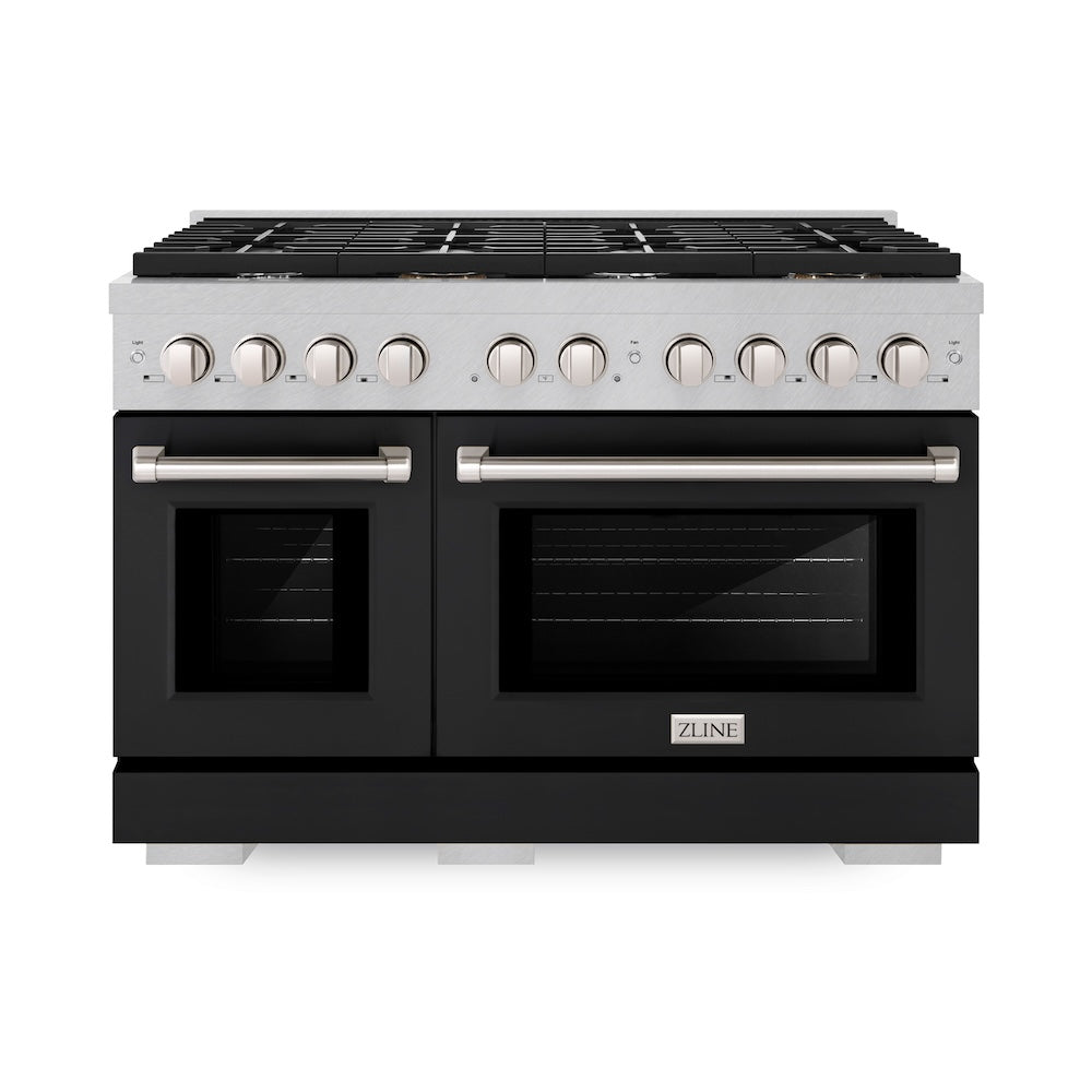 ZLINE Paramount 48-inch range in satin stainless steel with black matte door SDRS-BLM-48, front view