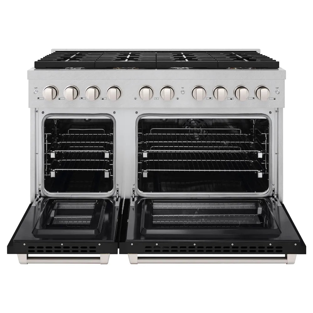 ZLINE Paramount 48-inch range in satin stainless steel with black matte door SDRS-BLM-48, front view