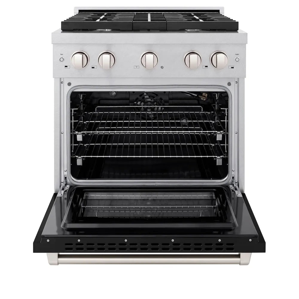 ZLINE Paramount 30-inch range in satin stainless steel with black matte door SGRS-BLM-30, front view
