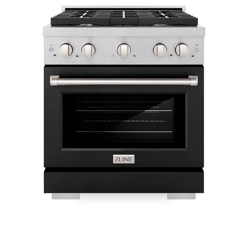 ZLINE Paramount 30-inch range in satin stainless steel with black matte door SGRS-BLM-30, front view