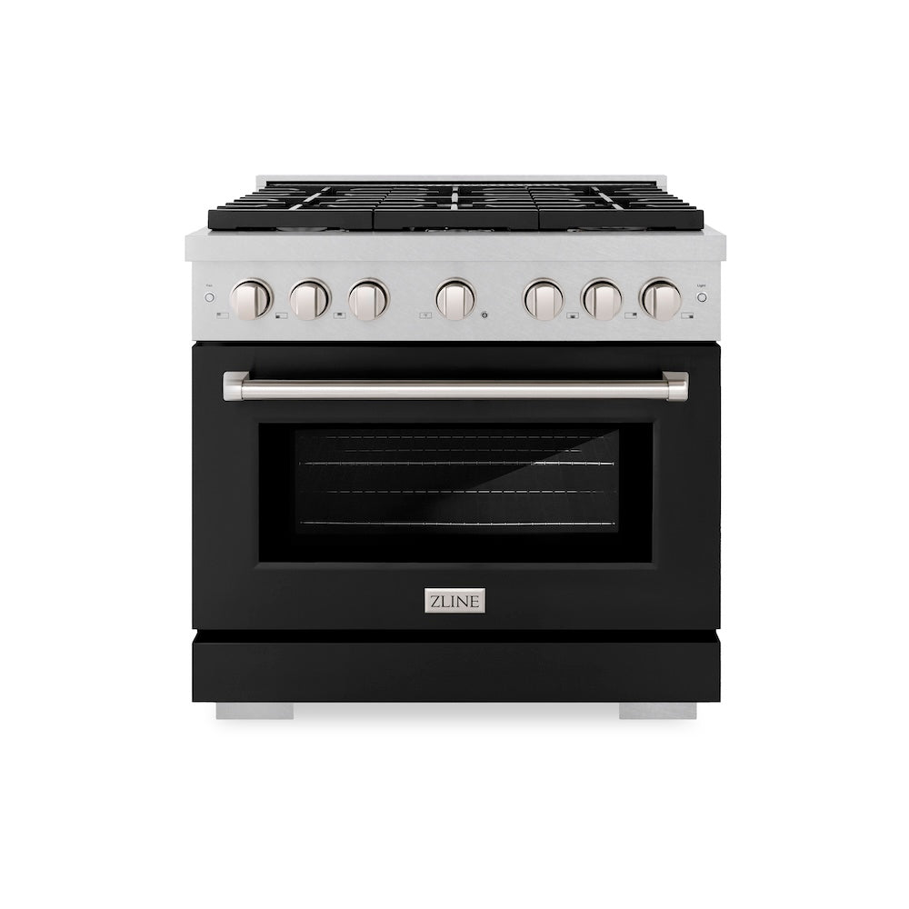 ZLINE Paramount 36-inch range in satin stainless steel with black matte door SGRS-BLM-36, front view