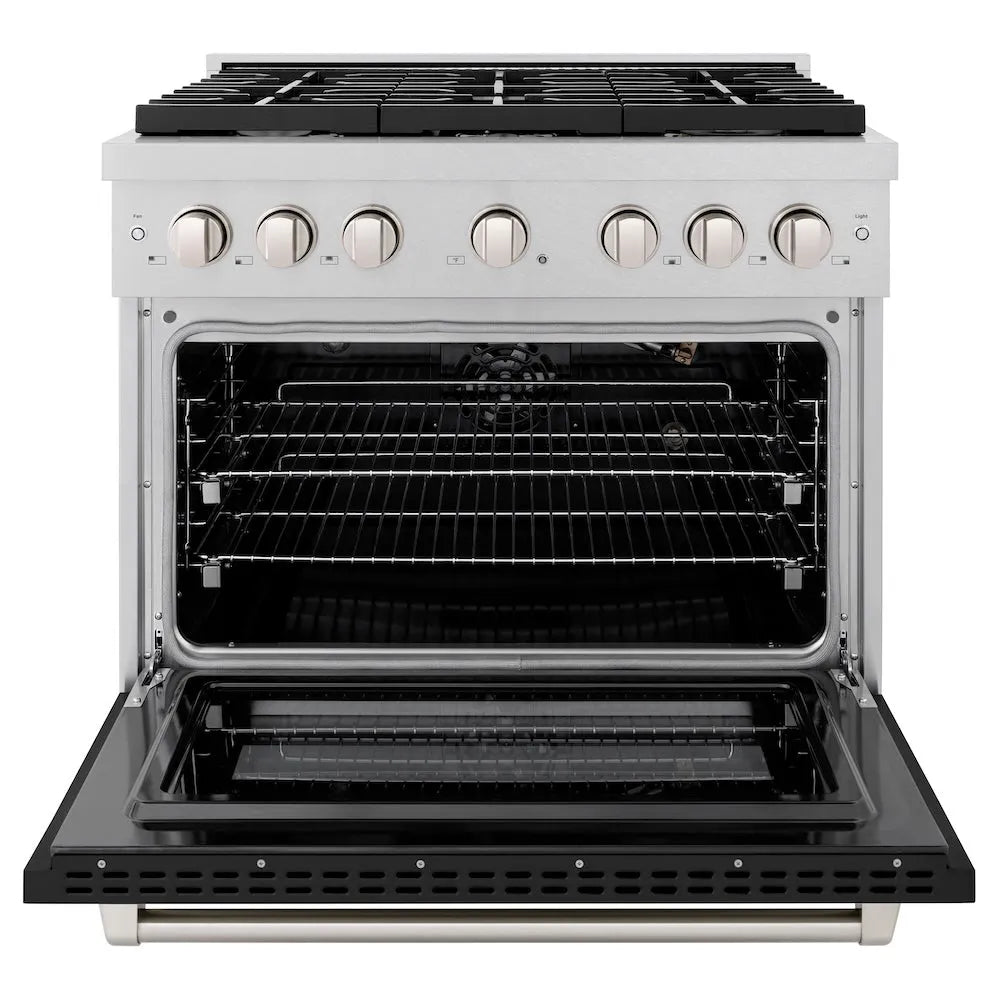 ZLINE Paramount 36-inch range in satin stainless steel with black matte door SGRS-BLM-36, front view